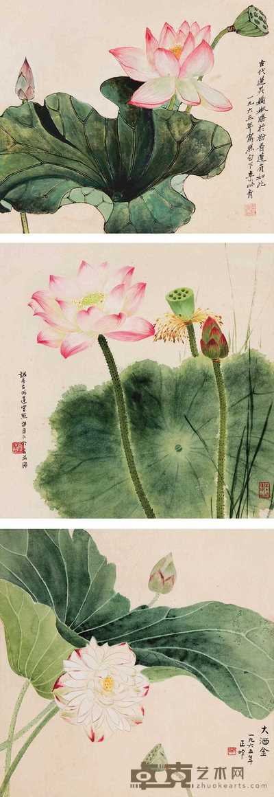李味青 胡国仁 张正吟 工笔荷花 立轴 